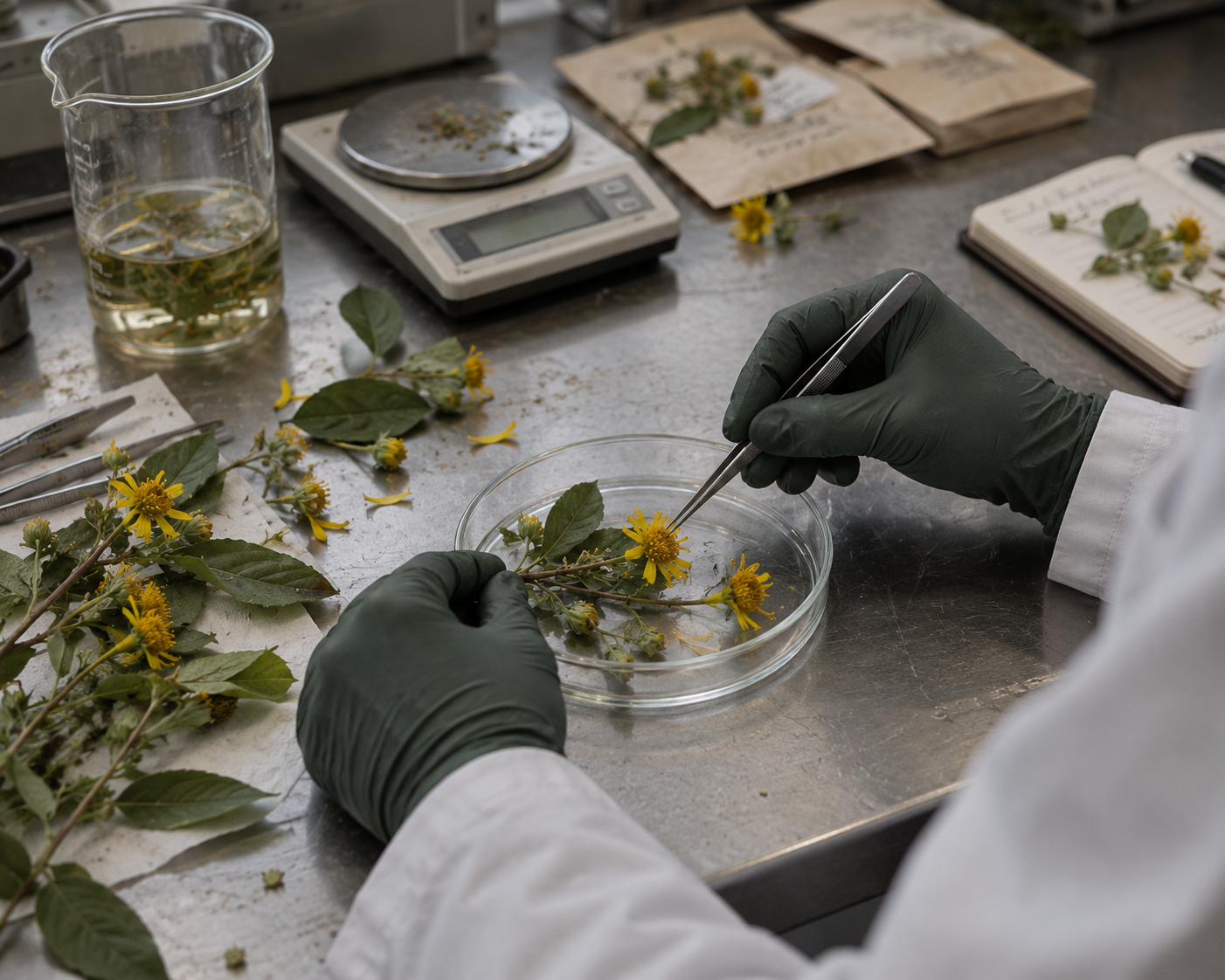 Researcher examining Leptocarpha rivularis botanical specimens in a laboratory for LEPTI-P40 research