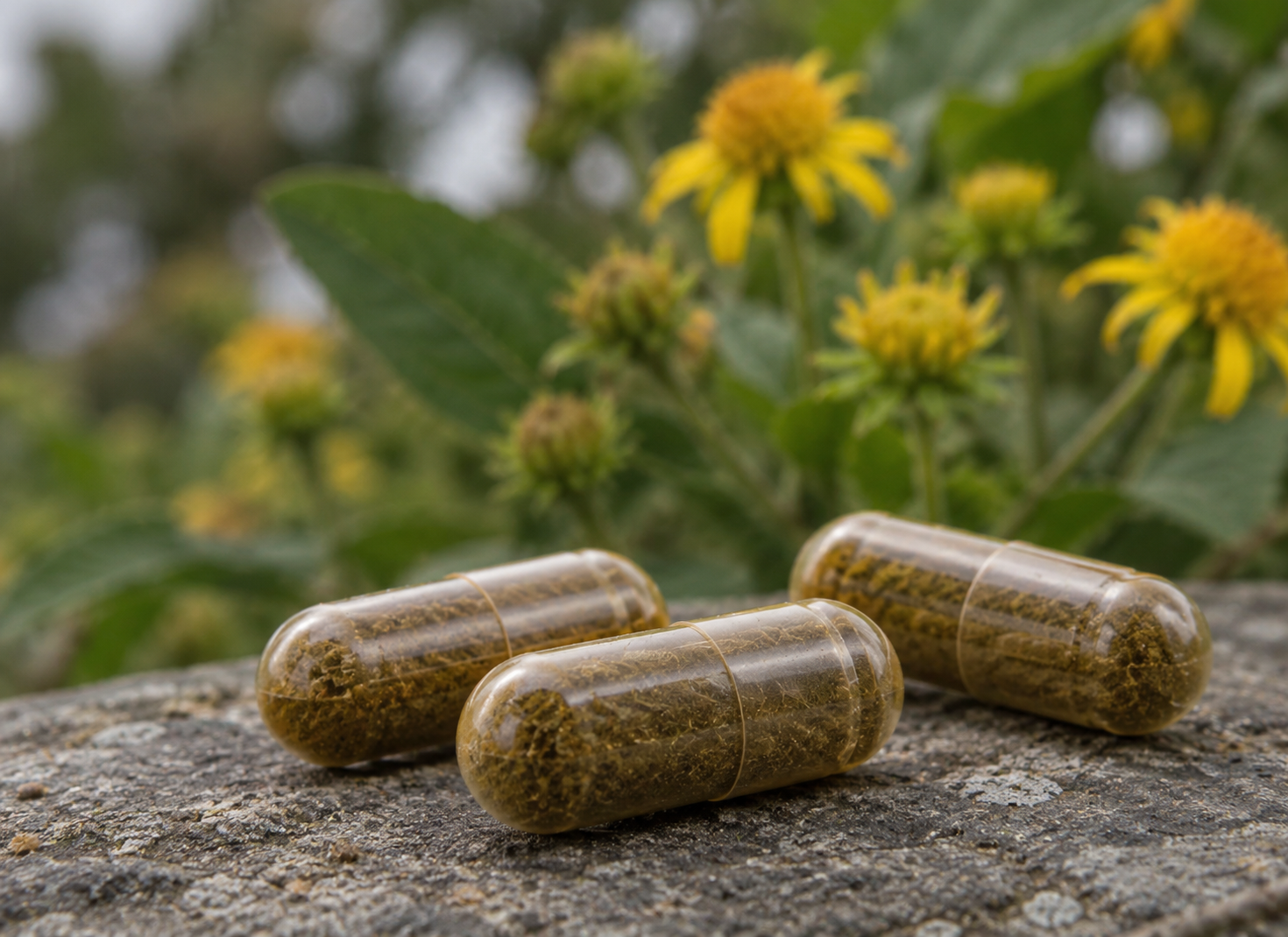 Herbal capsules among yellow wildflowers representing LEPTI-P40 nutraceutical and wellness applications